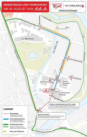 Diese Karte der Stadt Marburg informiert über die Rennstrecke, den Veranstaltungsbereich und Umleitungsstrecken. © Universitätsstadt Marburg
